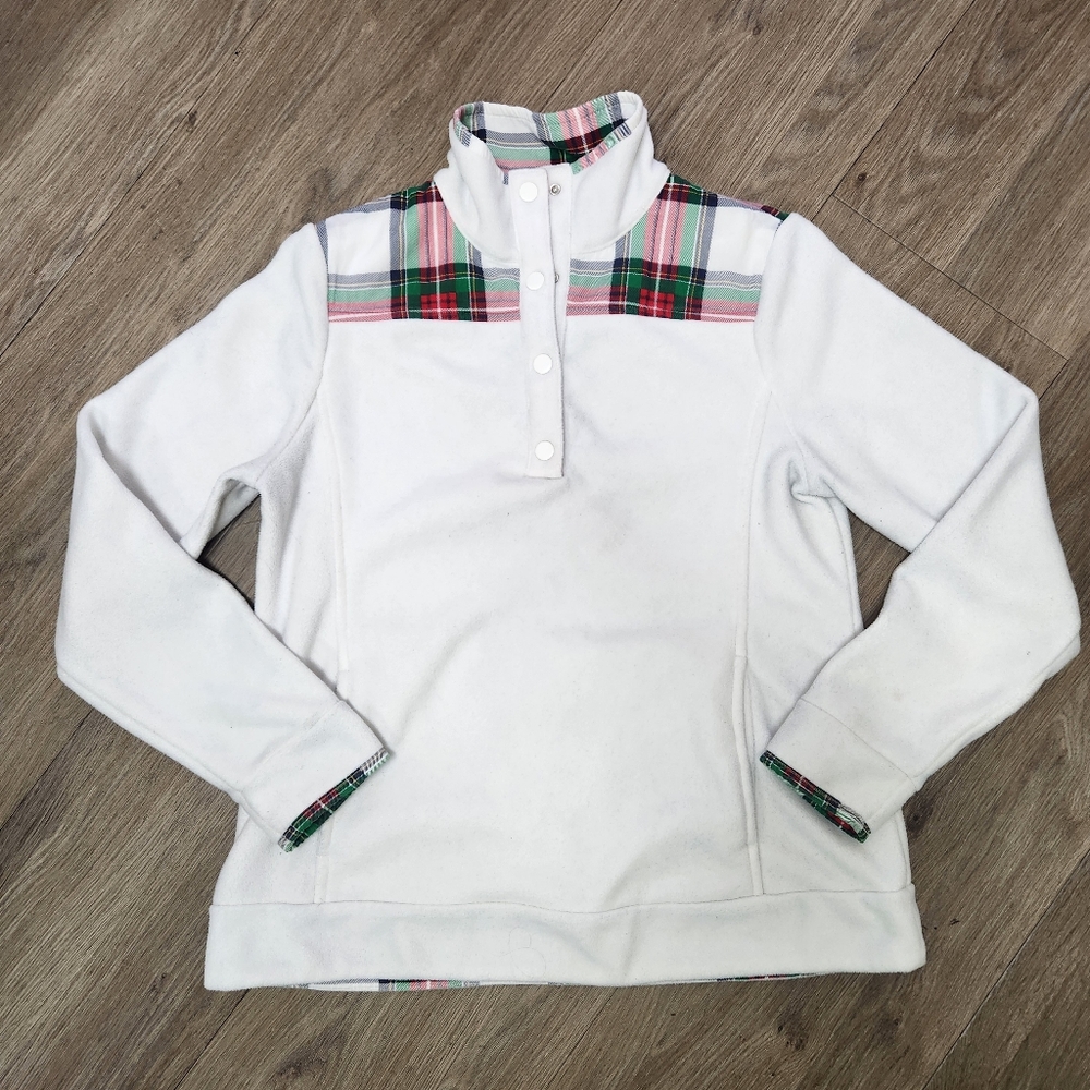 Crown & Ivy White Sweatshirt with Plaid Trim Size S